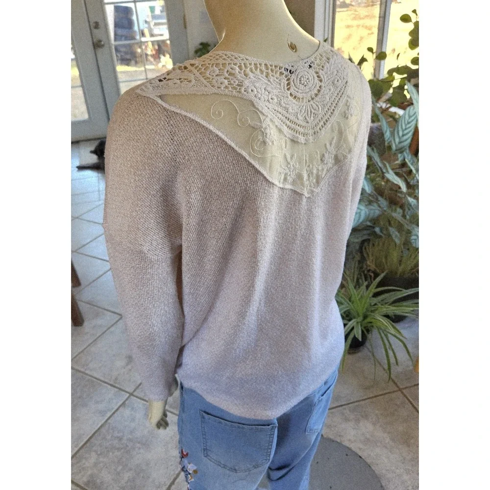 American Eagle Women's M Sweater‎ Open Knit Crochet Sheer Mesh Cream Boho Fairy